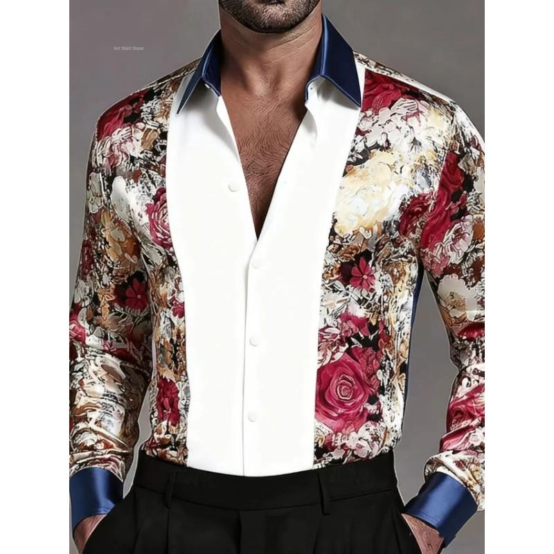Men's Fashion New Design Printed Rose Men's Printed Rose Satin Shirt Long Sleeve Retro Holiday Wear Collar Button Shirt