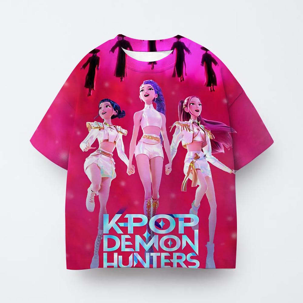 Sommer Neue Kurzarm Tops Jungen Cartoon Kpop Hexenjagd Gruppe Druck Rundhals Basic Shirt Kinder Mode Kleidung