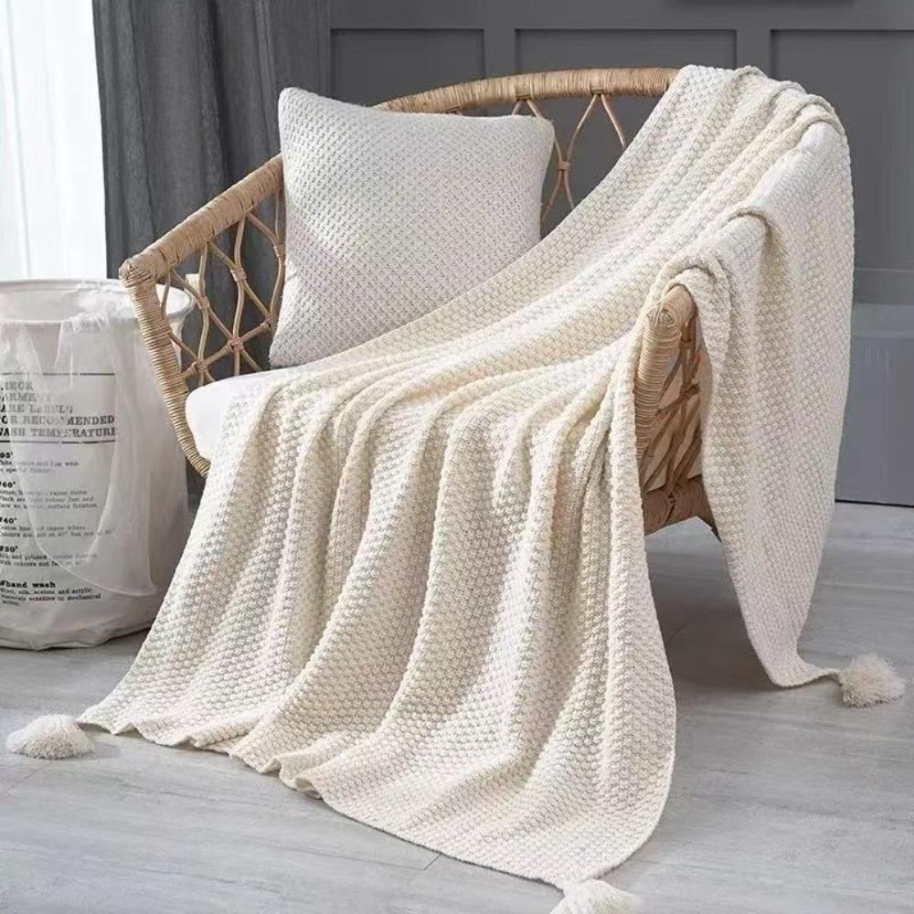 with Tassel Nordic Knitted Blanket Waffle Pattern Sofa Blanket Simple Nap Blanket  Air Condition