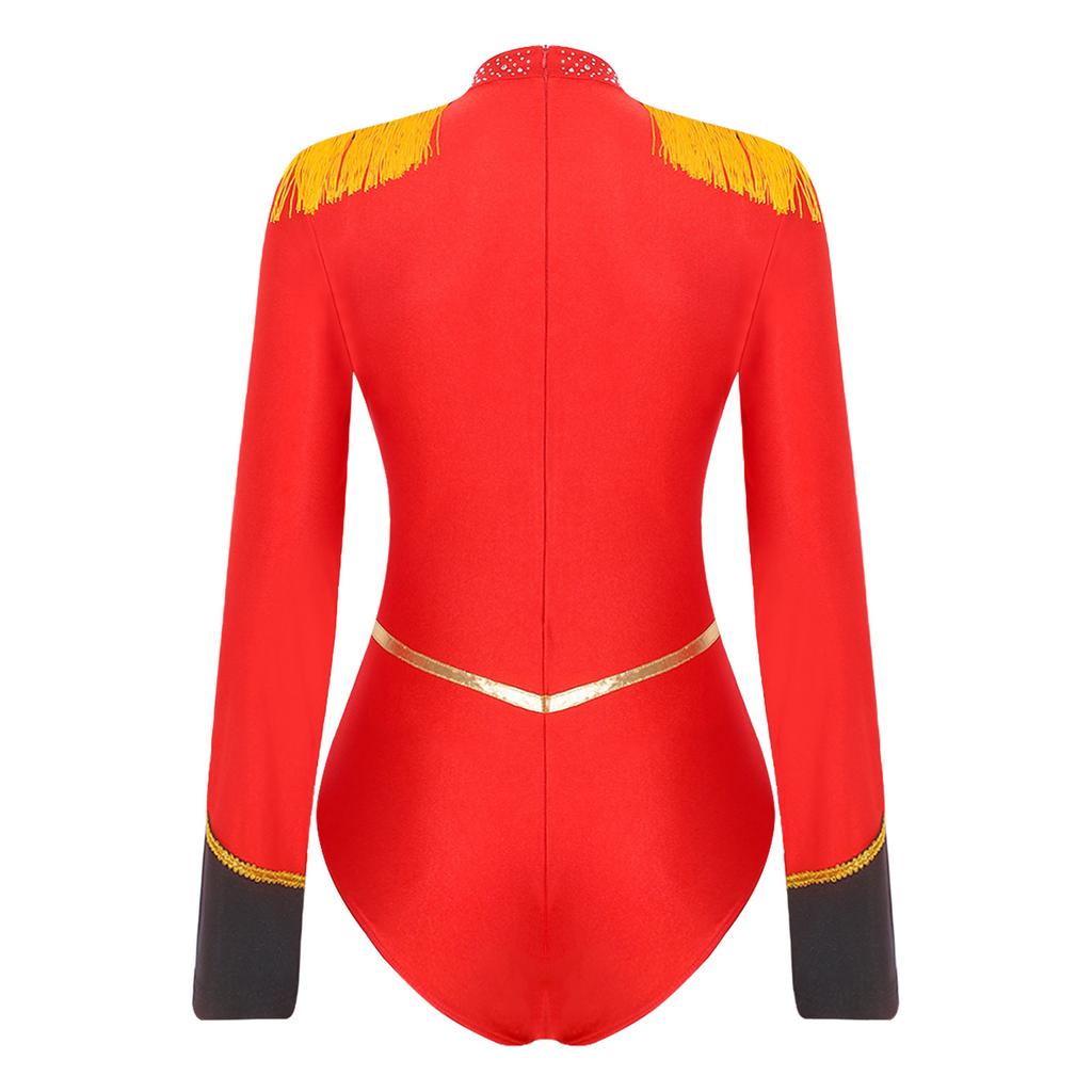 Women Long Sleeve Tassel and Rhinestone Decoration Bodysuit Braided Trim Back Zipper Jumpsuit for Circus Performance Cosplay Themed Party