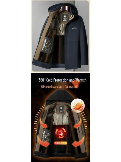 Winterjacke aus Baumwolle für Herren: Dicke, warme, kältebeständige Oberbekleidung mit abnehmbarer Kapuze, perfekt für die Garderobe von Männern mittleren Alters und Vätern.