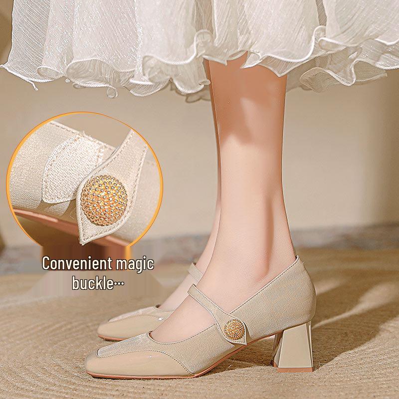French Lambskin Square Toe Mary Jane Flats - Women's Chunky Heel, Versatile Casual Shoes, Large Sizes Available