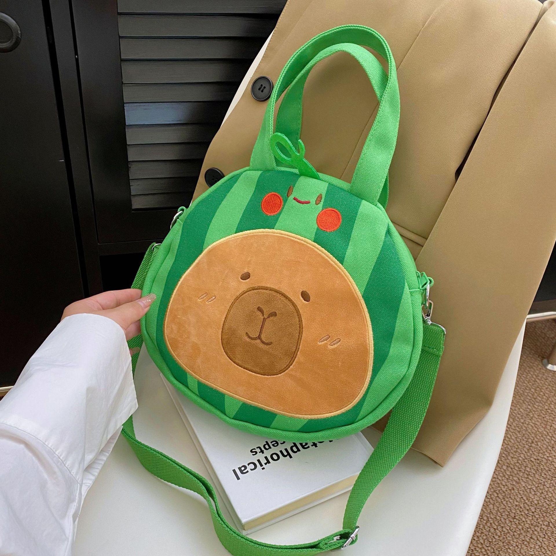

New Cartoon Capybara Canvas Handbag Cute Large-capacity Student Fashion Color Collision Casual Crossbody Bag зелений