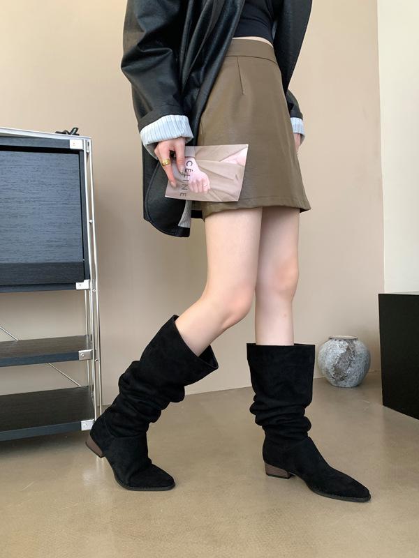 Морщинистые ботинки Ботинки-куча Женские ботинки на каблуке Рыцарские ботинки Ботинки западного ковбоя Ботинки средней высоты 35 чёрный 4529₽