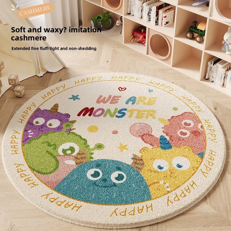 Cartoon Round Area Rug For Bedroom With Monster And Dinosaur Print Design Kids Reading Room Decor