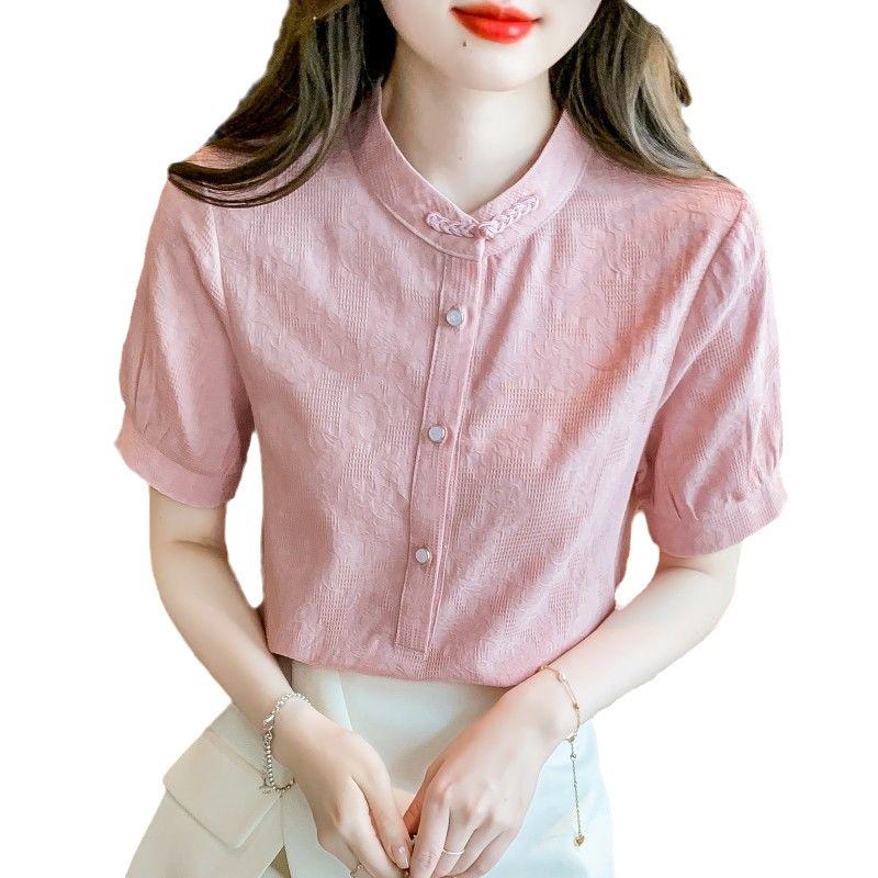Summer 2024 Women's Stand-up Collar Retro Jacquard Cotton Shirt