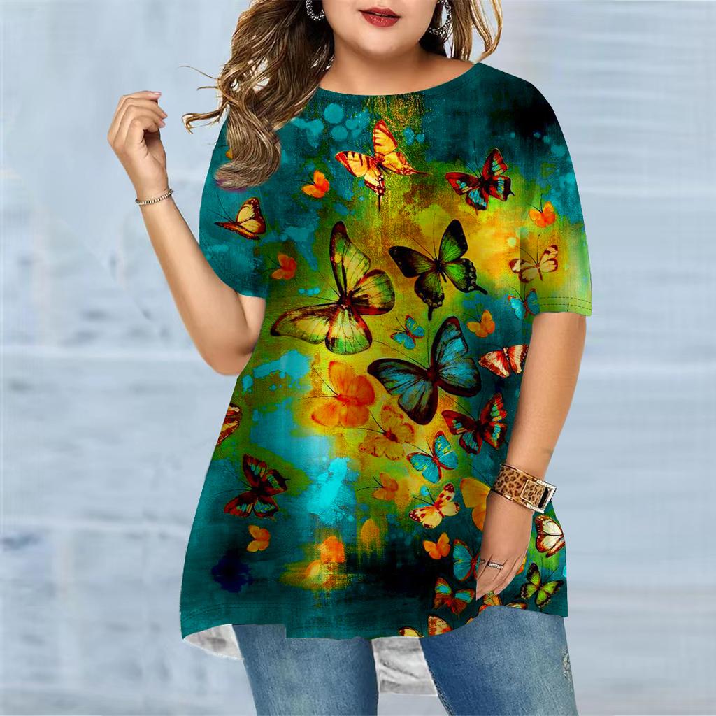 Damski T-shirt w dużym rozmiarze na lato z marzycielskim nadrukiem motyli, wygodny, z krótkim rękawem i okrągłym dekoltem, casualowy, luźny, o średniej długości