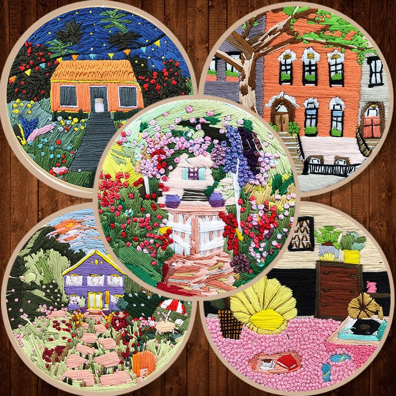 1 szt. Wzór Dom i Ogród Haft DIY Zestaw z Tkaniny z Narzędziami