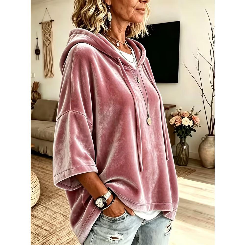 Damska gładka welurowa bluza z kapturem i rękawem 3/4, casualowy top hoodie na jesień zimę