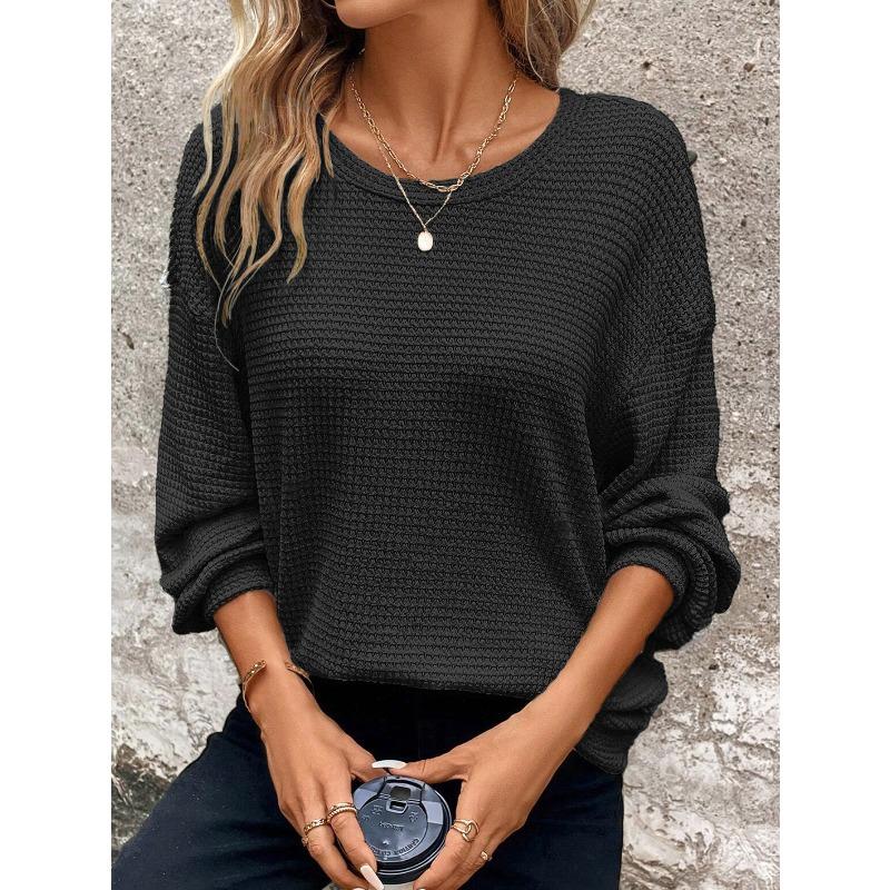 JPNTKY Women's Fashion Casual Solid Color Print Long Sleeve O-Neck Blouses & Shirts