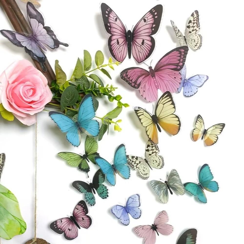 32Pcs Creative DIY 3D Butterfly Colorful Double Layers Wall Stickers Realistic Butterfly Wall Decals Cards Decor