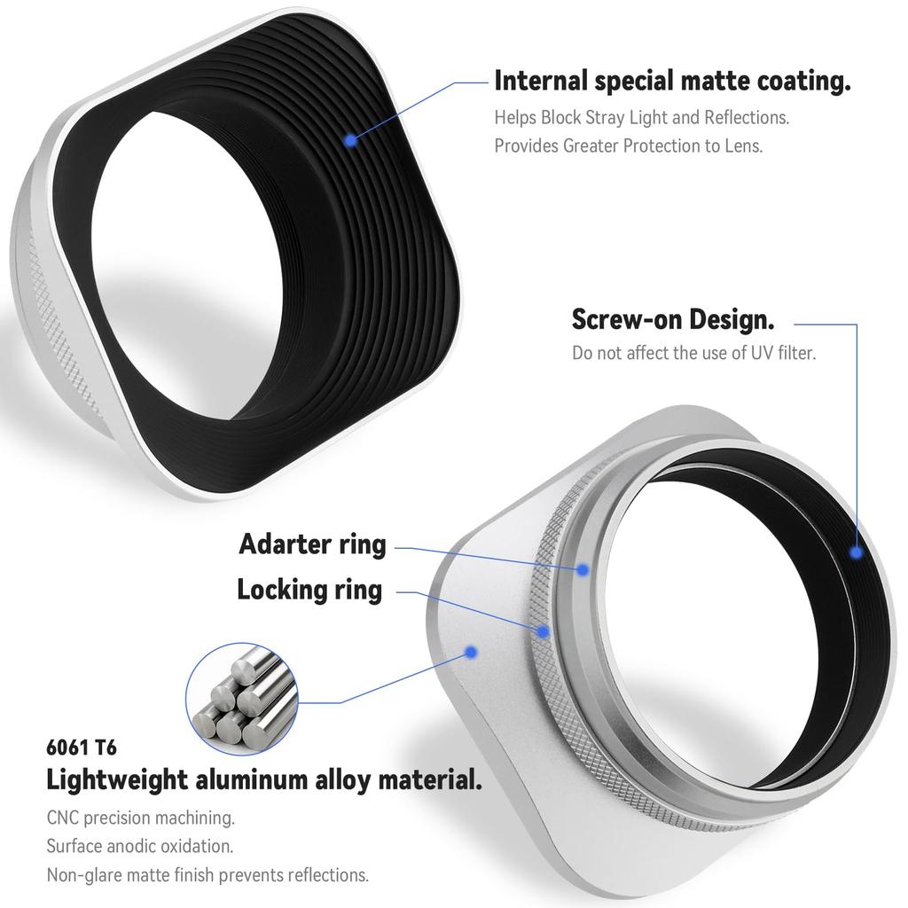 Haoge LH-EW3 Metal Square Lens Hood Shade with 49mm Adapter Ring for Fujifilm Fuji Finepix X100, X100S, X100T, X70, X100F, and X100V Cameras
