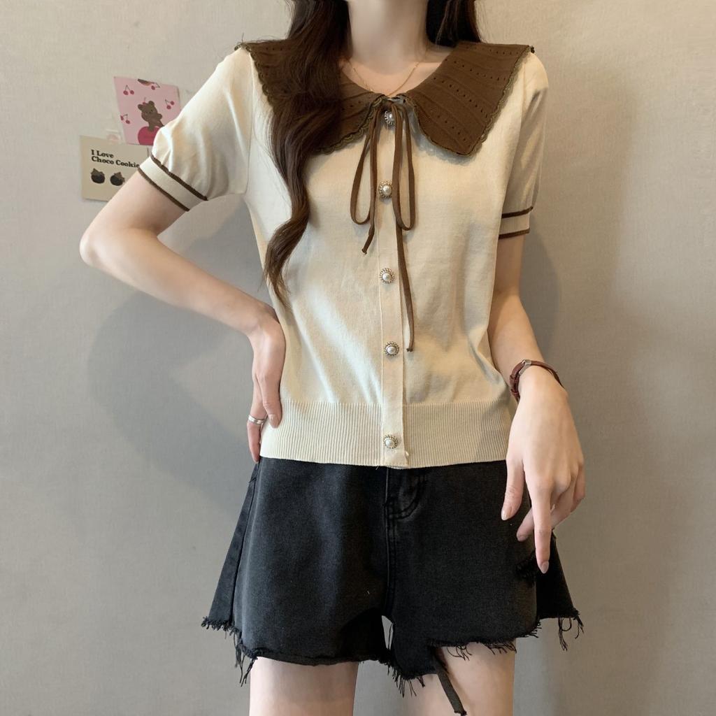 Korean Version Contrasting Doll Neck Knitted Base Shirt Women's Spring and Autumn Chic Bow Tie Short Top
