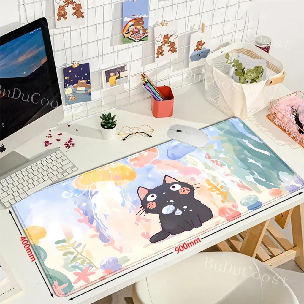 Cute Cat Large Gaming Keyboard Mouse Pad XL Green Plant Computer Gamer Tablet Mause Pad Long Mousepad XXL 900x400 Play Mice Mats