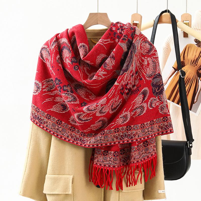 Jacquard Scarf Shawl with Decorative Imitation Cashmere Scarf for Women Winter High End New Style Thickened Ethnic Style Shawl