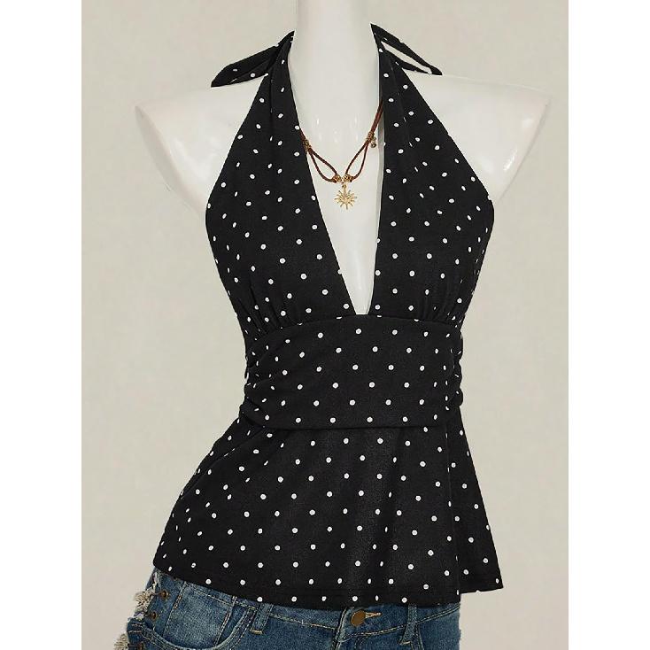 2026 European and American Summer Halter Neck Tank Top with Deep Backless Design, Sexy Strap, Waist-Cinching, Elegant and Stylish Top S чёрный