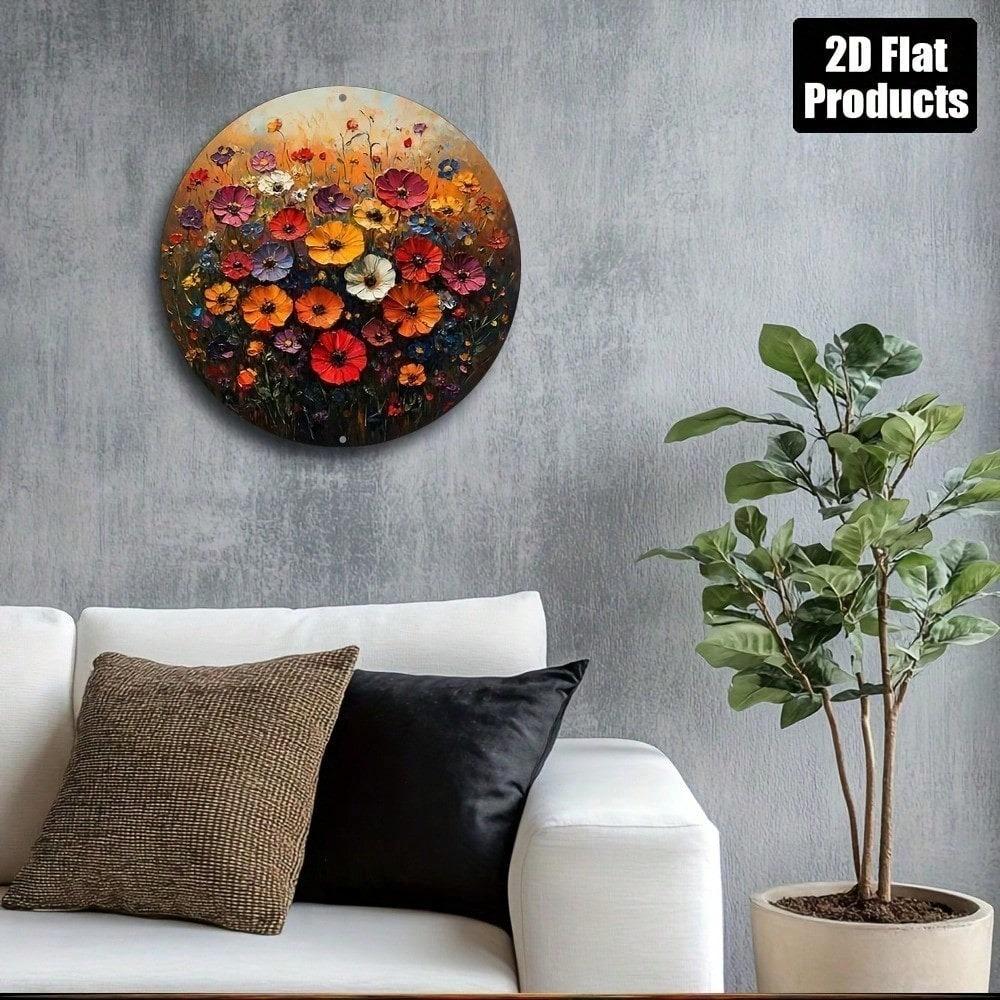 3D Metal Wildflower Wall Art 8x8 Inch Round Aluminum Sign 2D Floral Plaque for Home Kitchen Decor Cafe Office