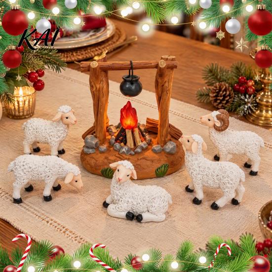 Holiday Tabletop Display Christmas Nativity Scene Set with LED Lighted Campfire, Resin Manger Stable Figurine, Miniature Wooden Look Hut & Sheep
