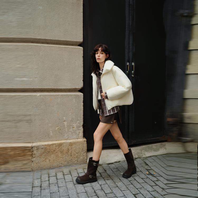 ELLE Fashionable Design Plaid Short Jacket With Drop Shoulder And 90% White Duck Down Women Outerwear EY52207