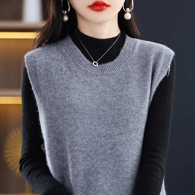Plain Color Crew Neck Sweater Vest, Casual Versatile Sleeveless Knit Vest for Spring & Fall, Women's Clothing