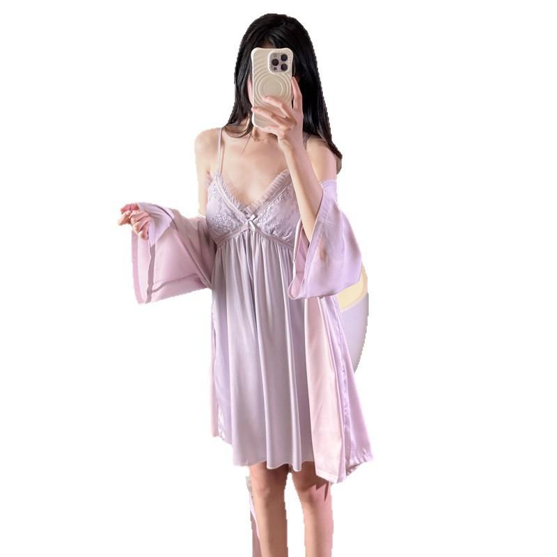 Nuovi pigiami estivi in seta ghiacciata da donna, sexy vestaglia con spalline in pizzo e imbottitura sul seno, vestaglia pura seduzione, abbigliamento da casa