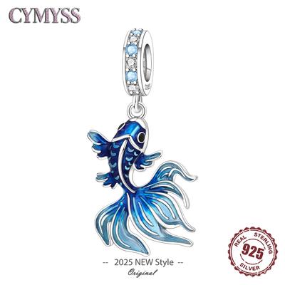 925 Silver Betta Fish Pendant Necklace with Ocean Pearls DIY Jewelry Gift for Women Birthday Party Blue Charm
