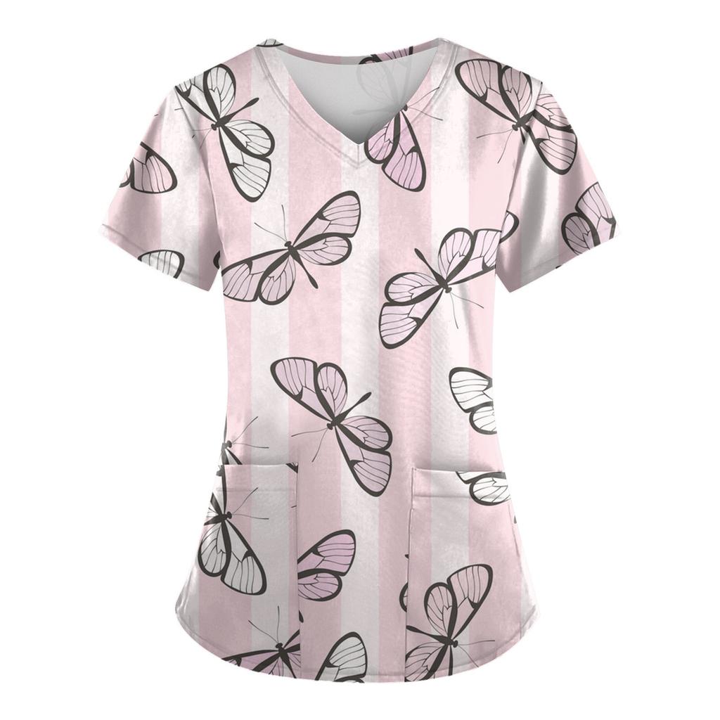 Women Fashion Spring And Summer Oil Painting Print V-neck Short Sleeve Workwear With Pockets Tops