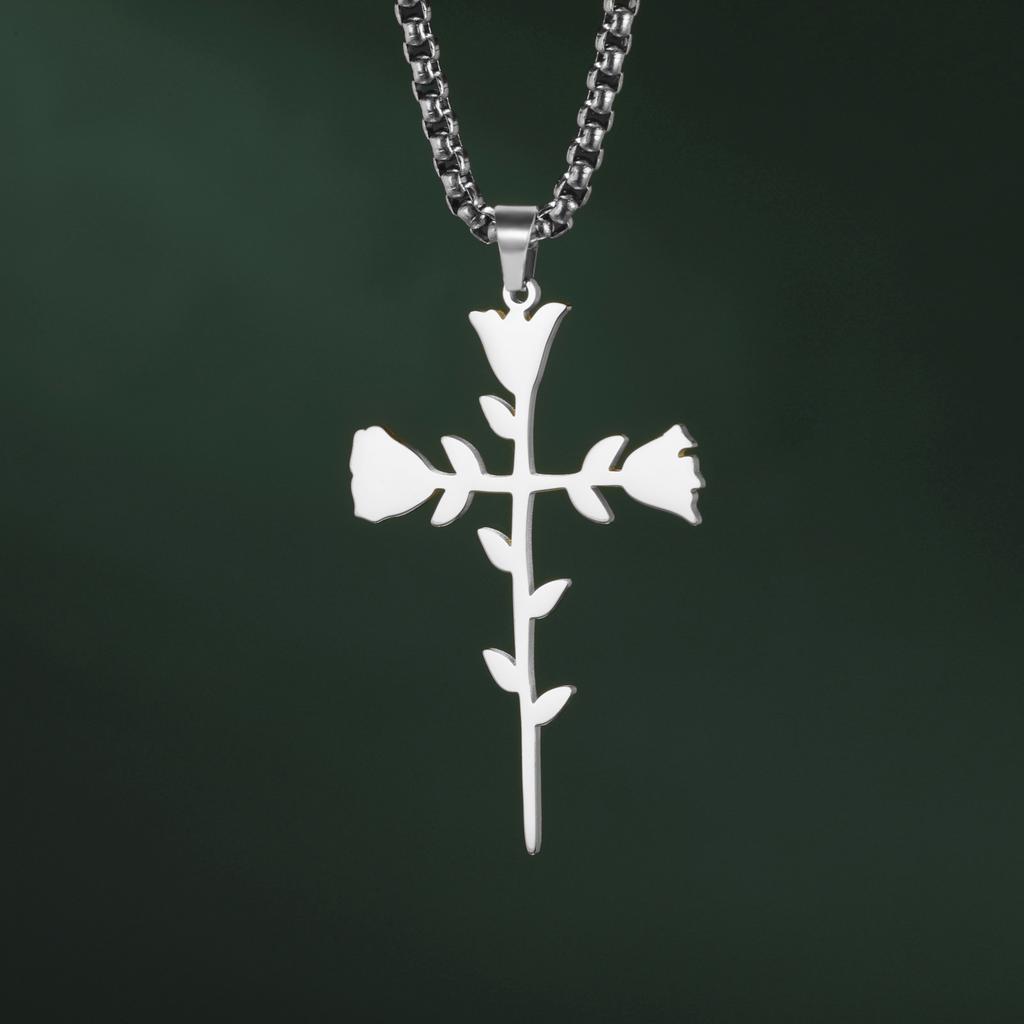 Teamer Crossed Thorns Rose Necklace Stainless Steel Jewelry For Women Men Box Chain Romantic Accessories Gothic Style Gift