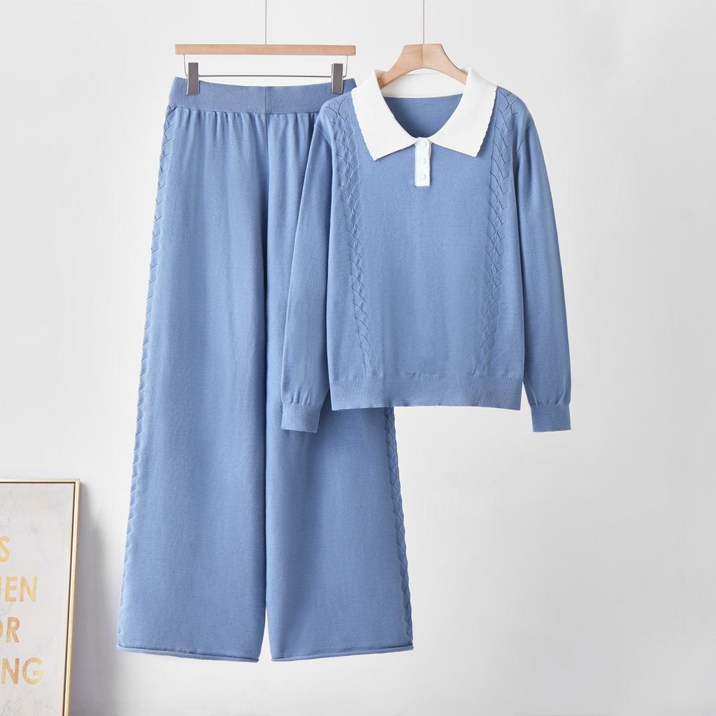 Cross-border European and American fashion knit two-piece set: polo collar sweater + loose casual pants set, woolen knit set, thick for women
