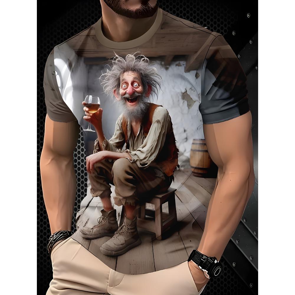 

Men S 3D Print T-Shirt - Whimsical Gnome with Wine Glass, Casual Crew Neck, Short Sleeve, Lightweight Polyester Blend XL