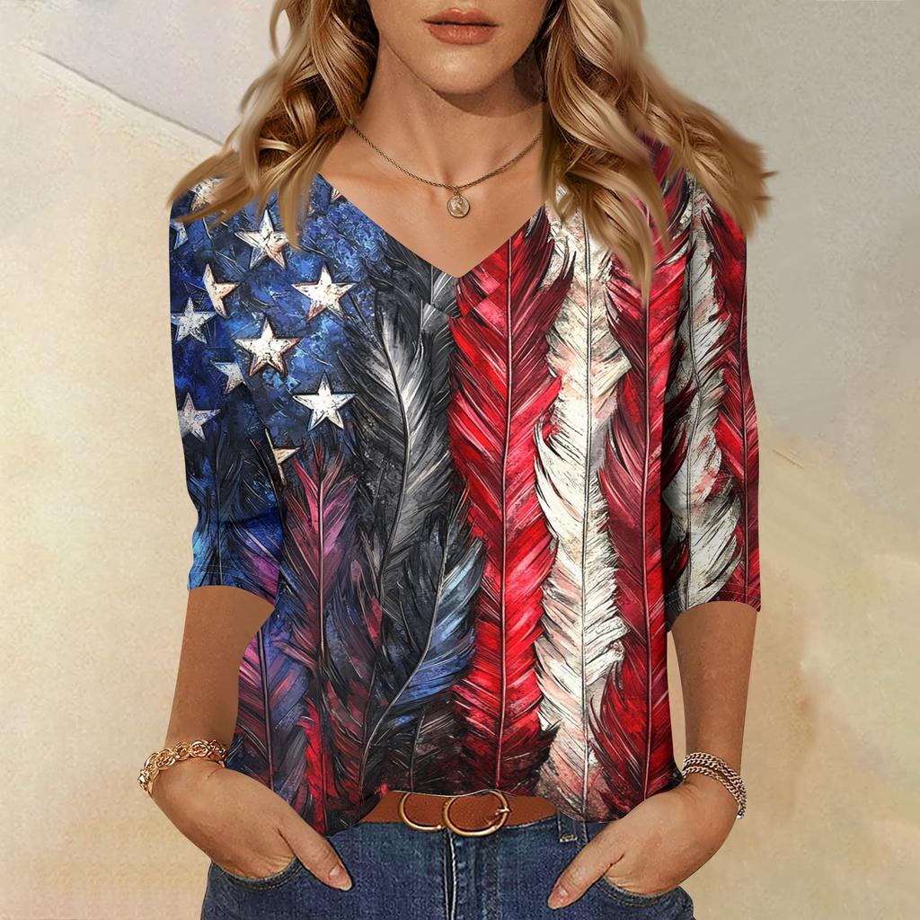 Women's Tops Three-quarter Sleeve Shirt V-neck Loose Casual Shirt Print T-shirt