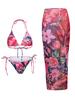 Women's Swimwear Printed Halter Neck Side Long Blouse Bikini Suit Three-piece Beachwear Bathing Suits