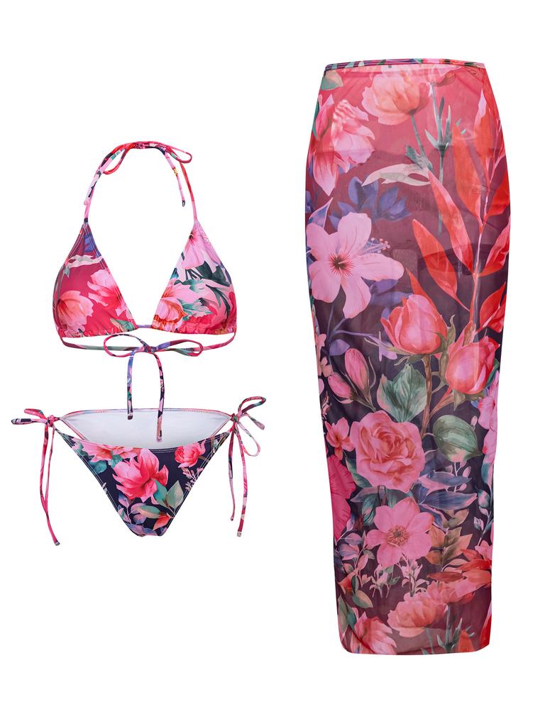 Women's Swimwear Printed Halter Neck Side Long Blouse Bikini Suit Three-piece Beachwear Bathing Suits