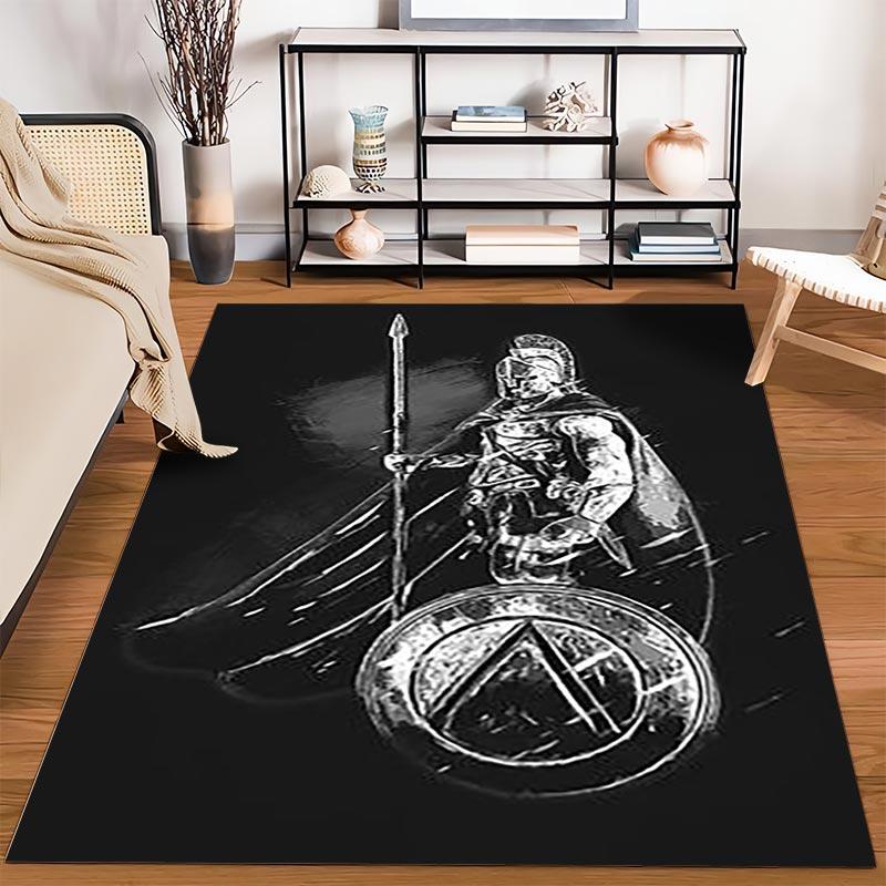 Black Warrior Carpet with Spear and Shield Design, Bold Artistic Style Suitable for use as an anti-slip for living room bedroom sofas