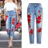 Women's Mid Rise Rose Floral Embroidery Straight Leg Jeans Distressed Cuffed Denim Pants Streetwear Casual Long Trousers