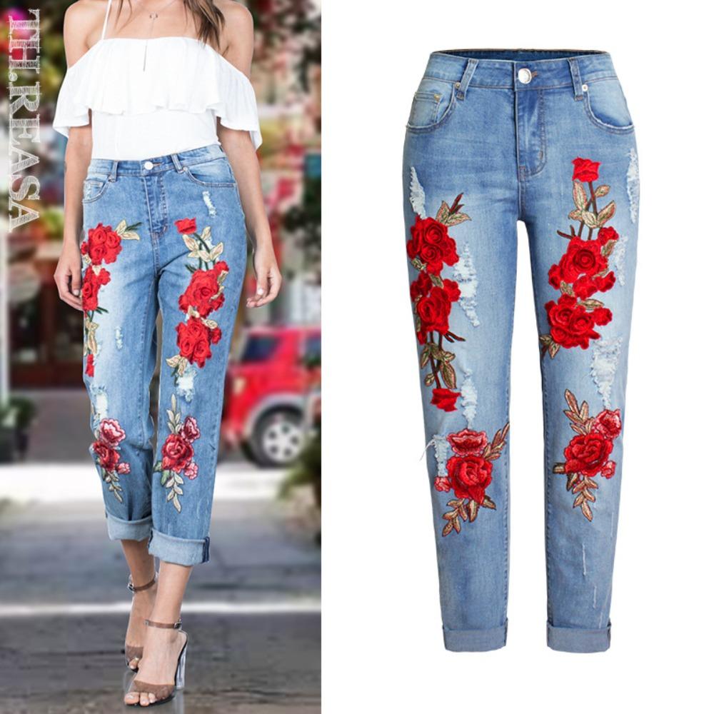 Women's Mid Rise Rose Floral Embroidery Straight Leg Jeans Distressed Cuffed Denim Pants Streetwear Casual Long Trousers
