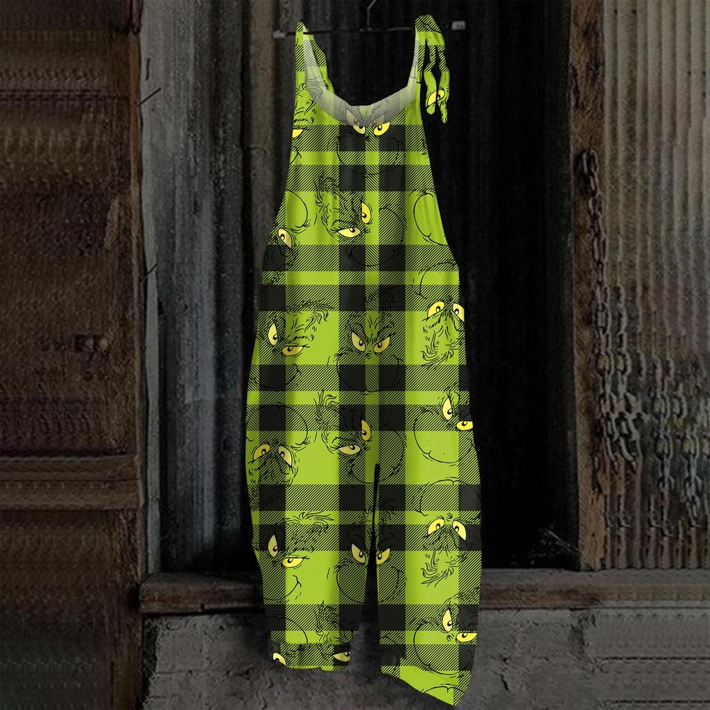 Damski kombinezon z nadrukiem Halloweenowym, casualowy, luźny, vintage, na ramiączkach, bawełniano-lniany