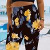 Women Cropped Pants Elastic High Waist Digital Flower Print Mid-calf Length Pants Tight Fit Cropped Trousers