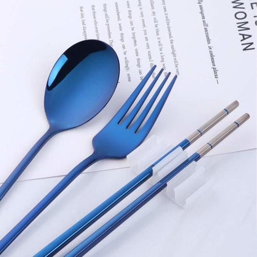 Do Buy Trio Set: Chopsticks, Spoon, and Fork, 3-Piece Set, Made of 18-8 Stainless Steel with a Stylish Wheat Container, 23cm Laser Chopsticks, Titaniu