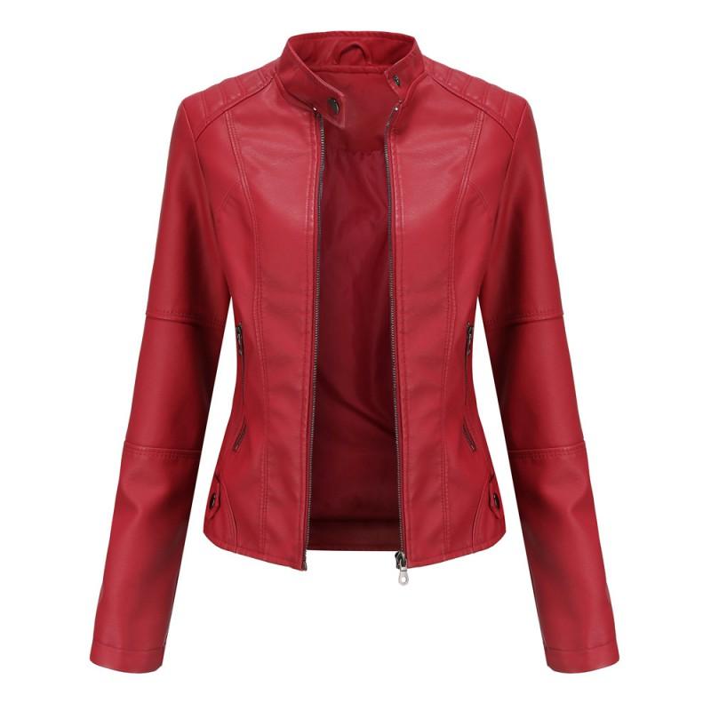 Damen Schlanke Passform PU Lederjacke Stehkragen Motorrad Stil Oberbekleidung Leicht