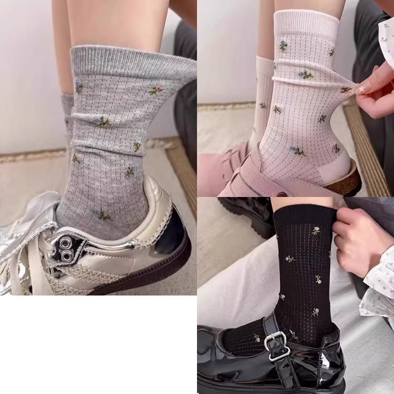 Spring Summer Thin Mesh Floral Socks Women Mid Calf Breathable Moisture Wicking Anti Odor Japanese Stacking Cotton Stockings