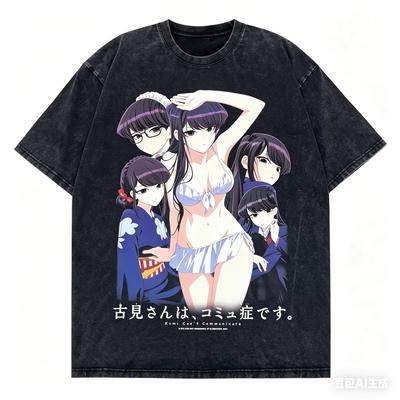 2026 Summer Oversized Washed Anime T-shirt, Komi Shouko from Komi Can't Communicate Multi-scene Printed Casual Street T-shirt