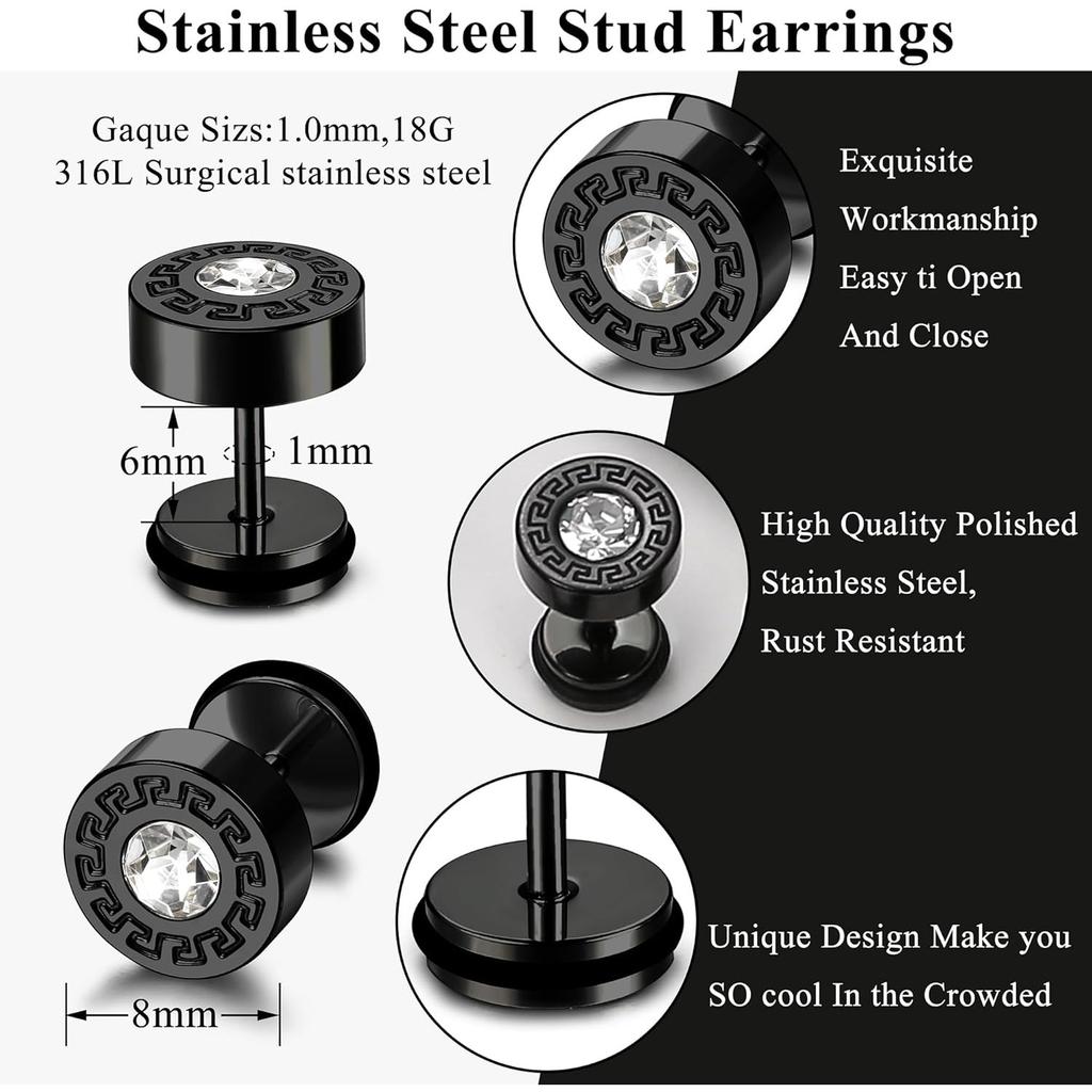 Bobiaty 15Pairs Stainless Steel Stud Earrings for Men Women Goth Hypoallergenic Zirconia Hoop Dangle Earrings Set Halloween
