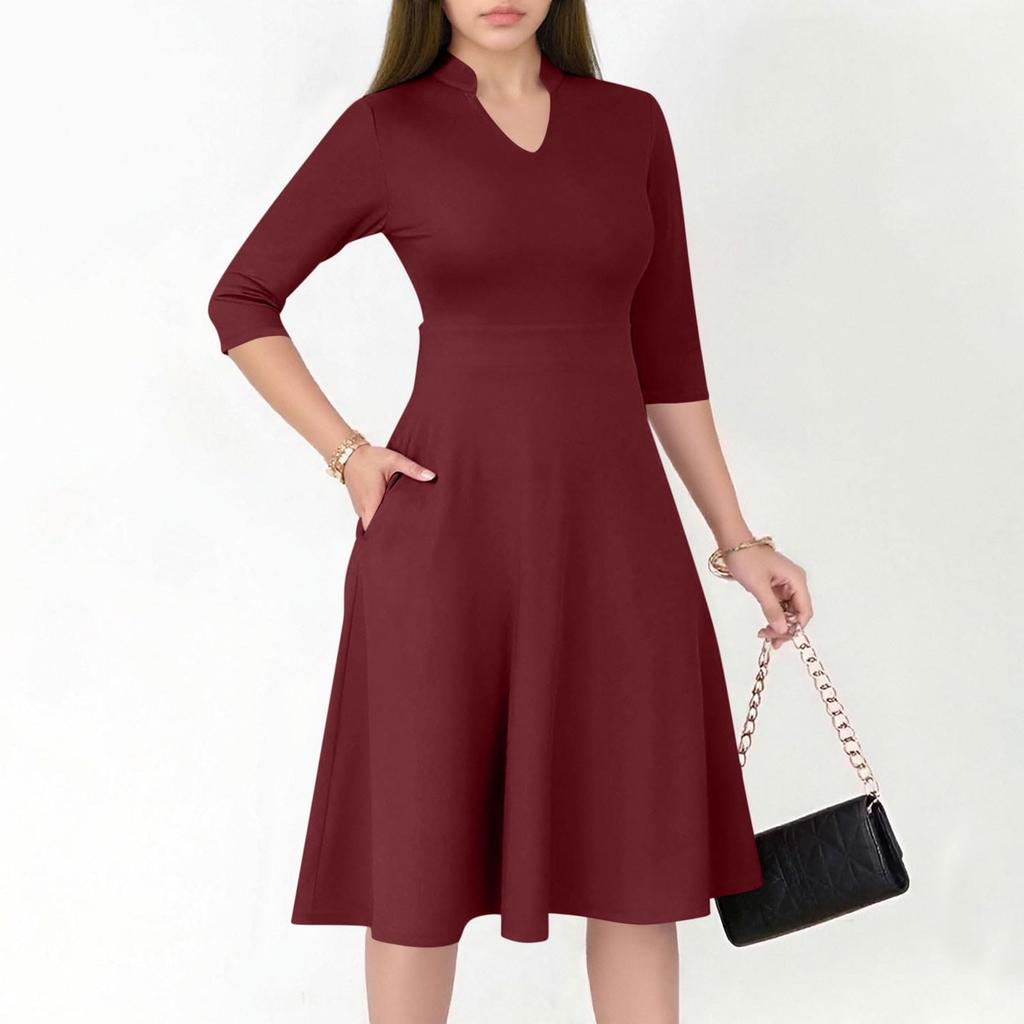 Women's Fashion V,Neck Three,Quarter Sleeve Church Work Dress With Pockets In Color