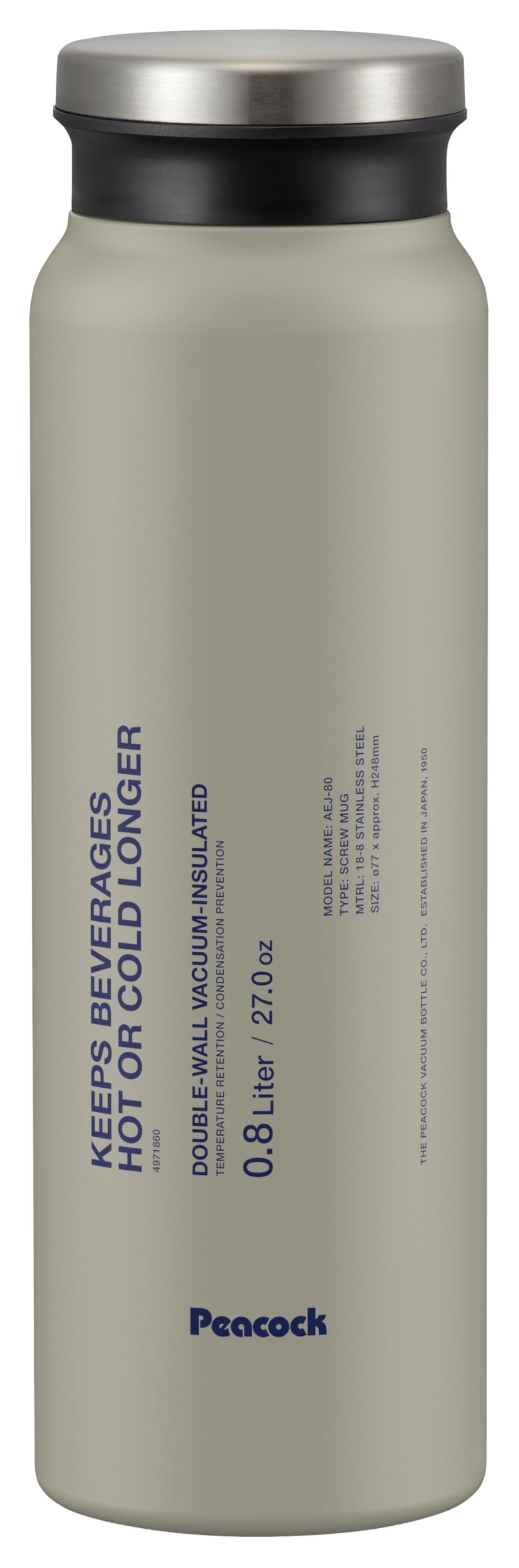 

The-peacock Thermos Industry (The-peacock) Peacock Water Bottle Mug Bottle 800ml Insulated Screw Top Stainless Steel Thermos 0.8L Stone Gray AEJ-80 H