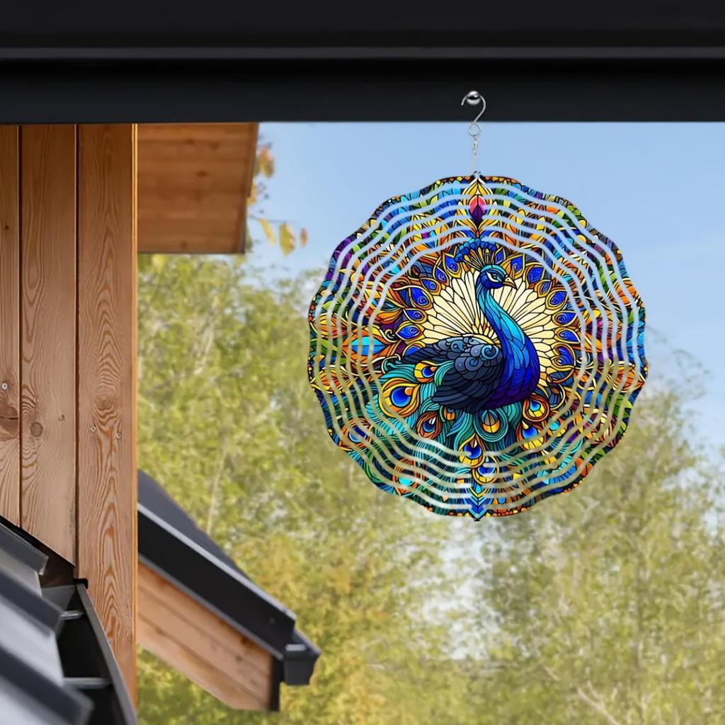 PeaRooster 10-inch Stained Glass Wind Spinner - 2D Laser-Cut Peacock Design Garden Art, 360° Rotating Hook for Outdoor/Indoor Decor
