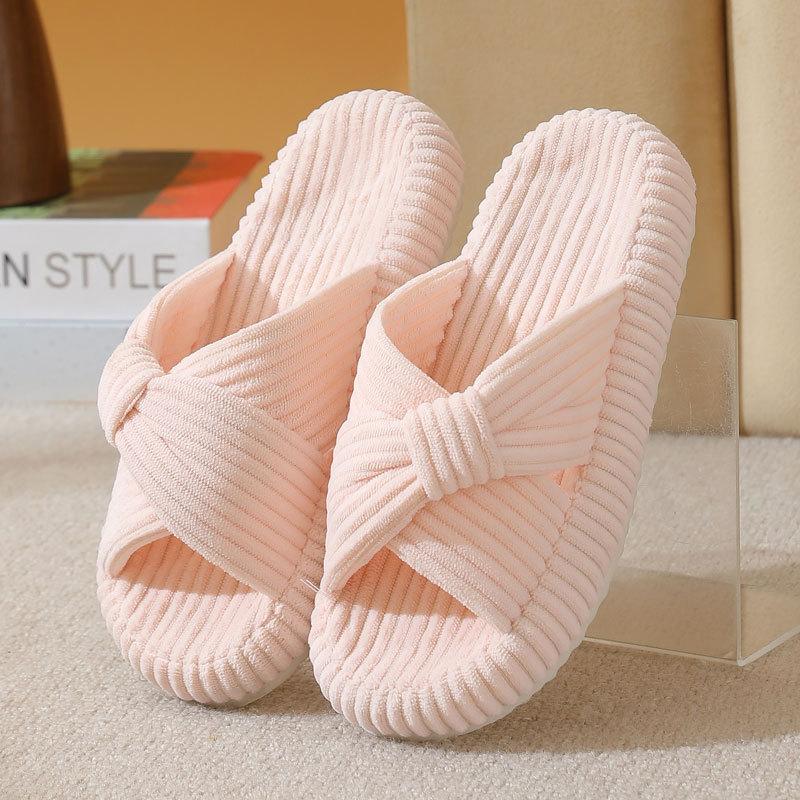 Fashion Indoor Corduroy Slippers for Women Fashion Cross Strap Cotton Slippers Woman Non Slip Platform House Cotton Slides Femle