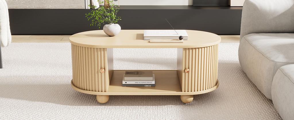 Tavolino da Caffè Ovale con Contenitore e Ante Scorrevoli, Mobile Multifunzionale Salvaspazio in Colore Legno