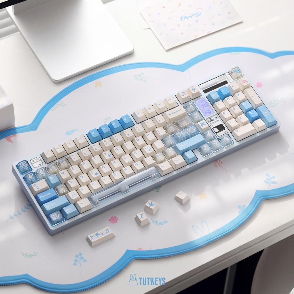 TUTKEYS Flying Bird Theme Keycap Set PBT+PC Custom Blue Minimalist Keyboard Cap Cherry Profile KeyCap for Keyboard Accessories