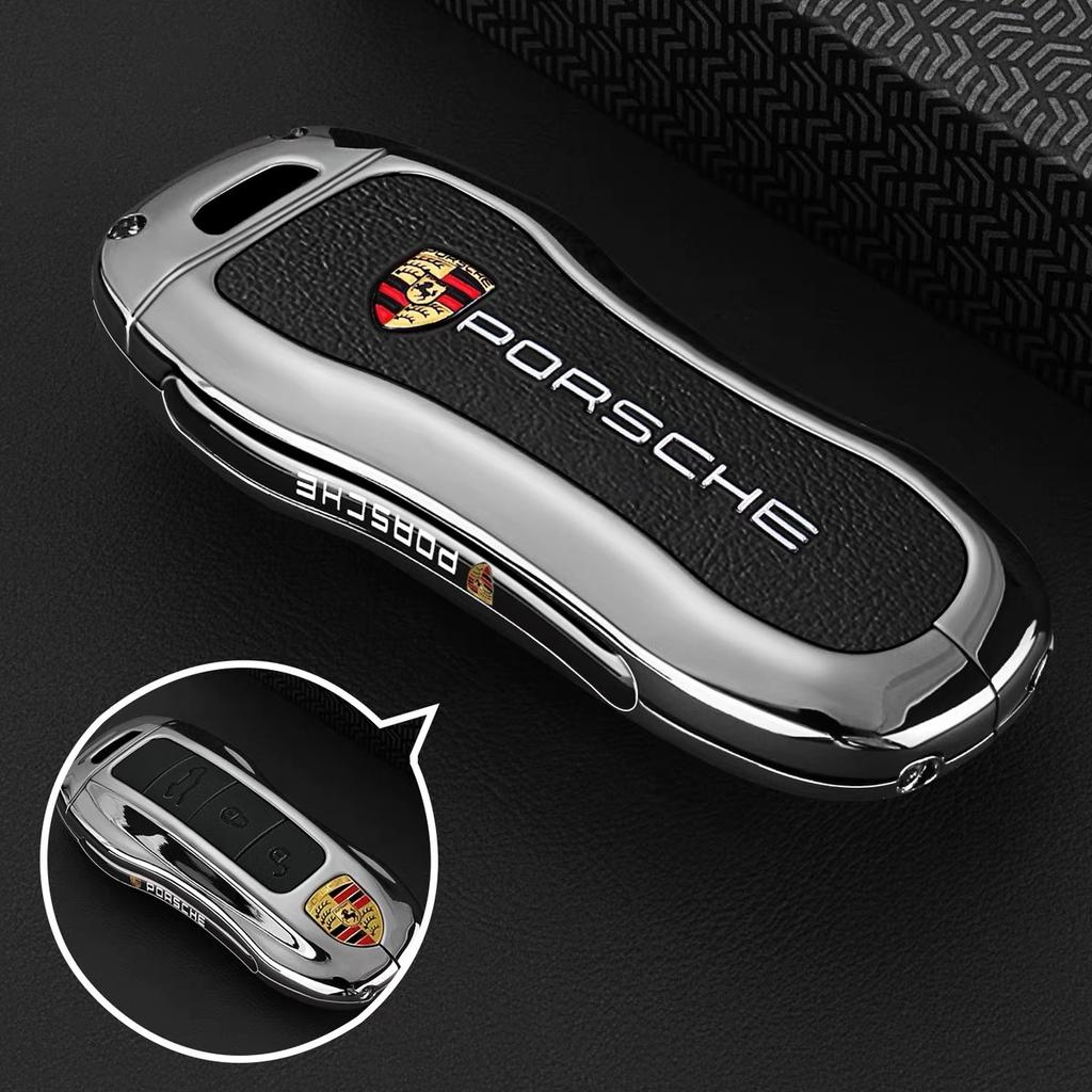 Zinc Alloy Leather Car Key Case Full Cover Protector For Porsche Cayenne Panamera Macan Cayman 718 911 Taycan Accessory Sticker EFD1